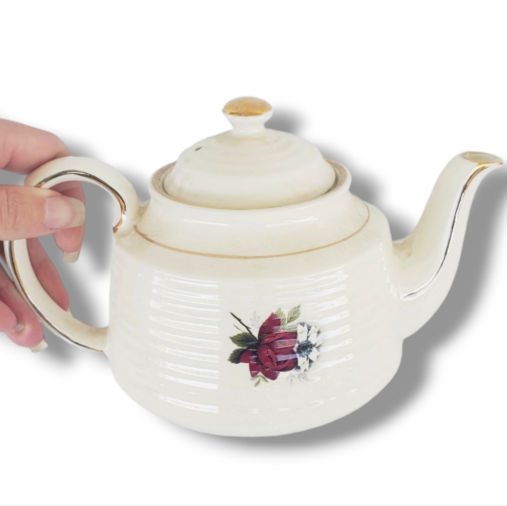 James Sadler Hand Painted Teapot Vintage Roses Gold White Made in UK 3563